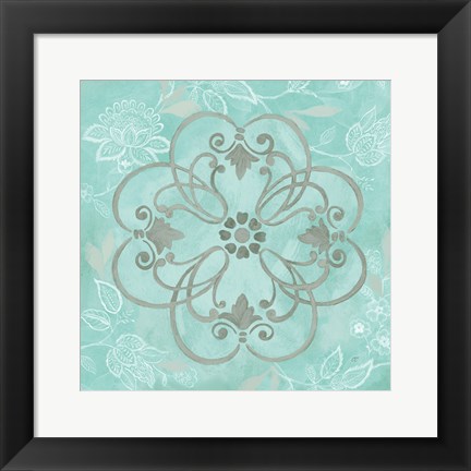 Framed Jacobean Damask Blue/Gray II Print