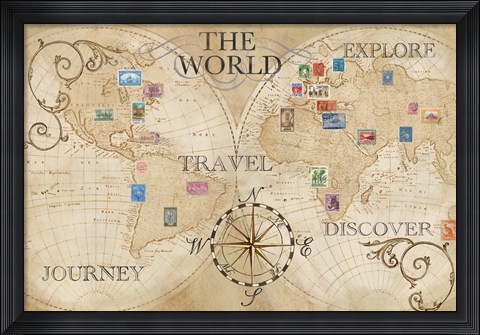 Framed Old World Journey Map Stamps Cream Print