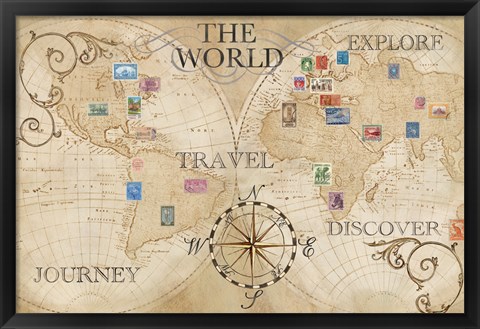 Framed Old World Journey Map Stamps Cream Print