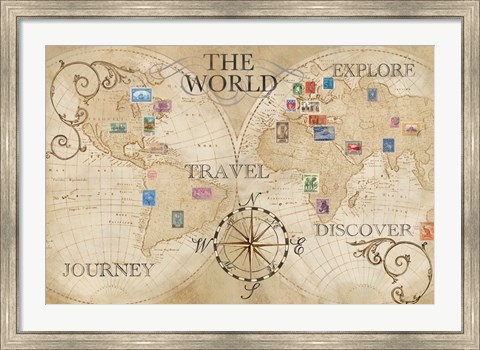 Framed Old World Journey Map Stamps Cream Print