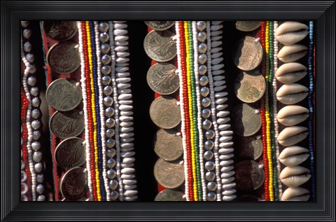 Framed Traditional Akha fabric and clothing displayed as a souvenir, Burma Print