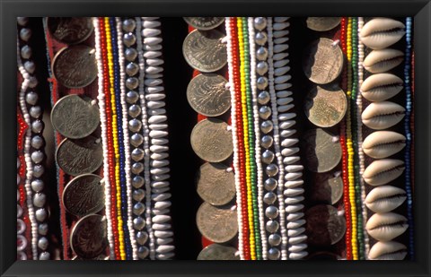 Framed Traditional Akha fabric and clothing displayed as a souvenir, Burma Print