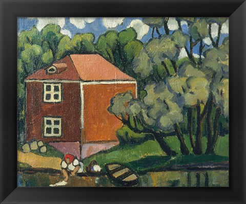 Framed Landscape With Red House And Woman Washing, 1908 Print