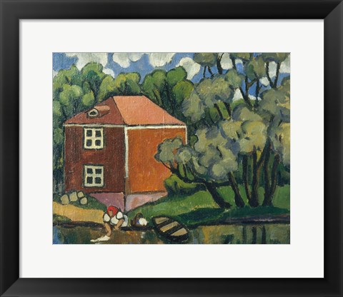 Framed Landscape With Red House And Woman Washing, 1908 Print