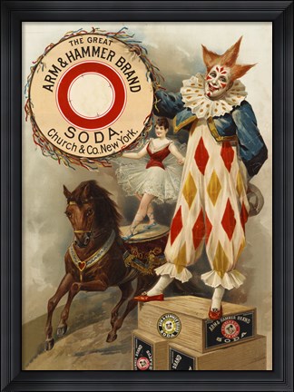 Framed Clown, Horse, Acrobat and Arm &amp; Hammer Brand Soda Print