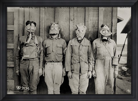 Framed American, British, French &amp; German Gas Masks Print