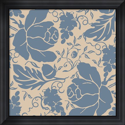 Framed Grapes and Buds Blue and Taupe Print