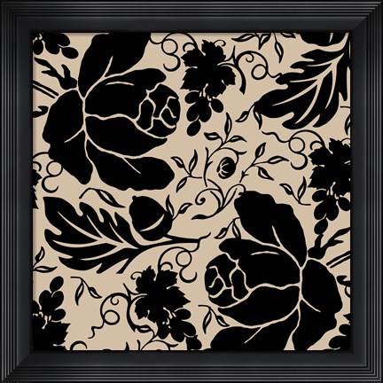 Framed Grapes and Buds Black and Beige Print