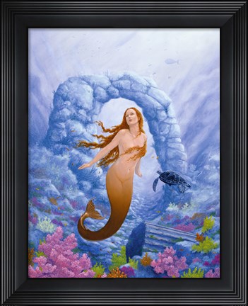 Framed Mermaid and Turtle 1 Print