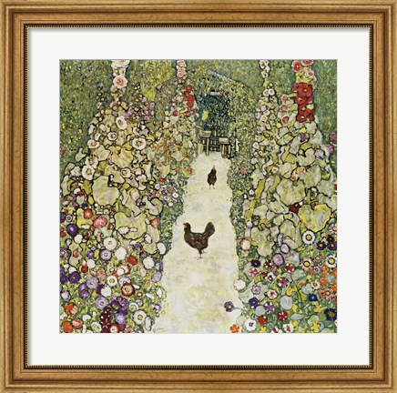 Framed Garden Path with Hens, 1916 Print