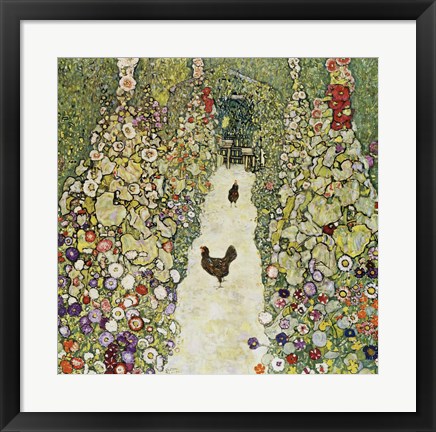 Framed Garden Path with Hens, 1916 Print