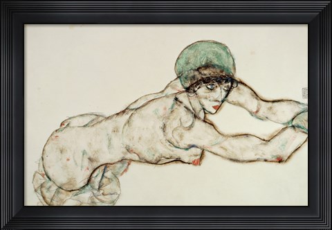 Framed Reclining Female Nude with Green Cap, Leaning to the Right, 1914 Print
