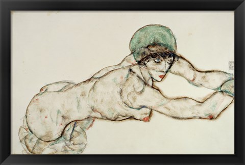 Framed Reclining Female Nude with Green Cap, Leaning to the Right, 1914 Print