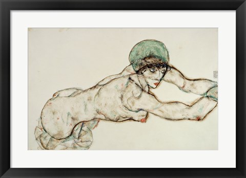 Framed Reclining Female Nude with Green Cap, Leaning to the Right, 1914 Print