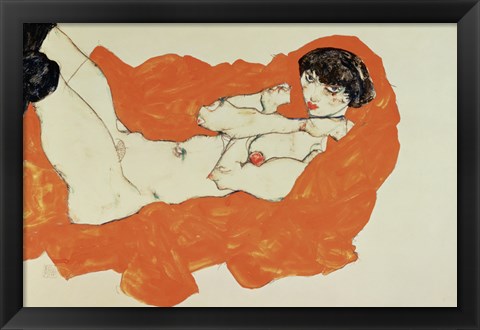 Framed Reclining Female Nude On Red Drape, 1914 Print