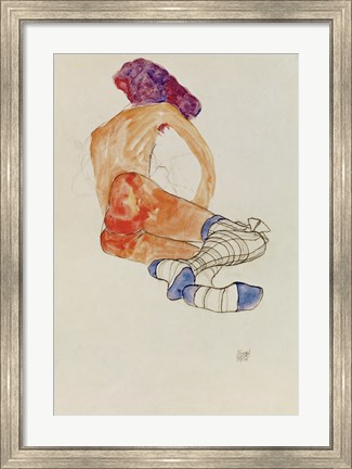 Framed Seated Female Nude With Blue Garter, 1910 Print