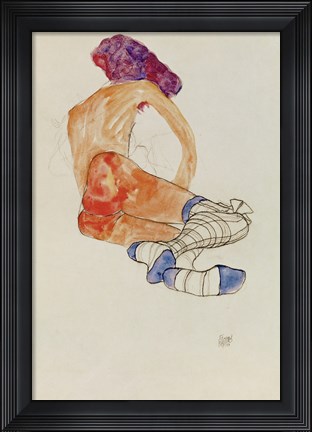Framed Seated Female Nude With Blue Garter, 1910 Print