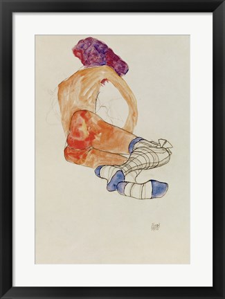 Framed Seated Female Nude With Blue Garter, 1910 Print