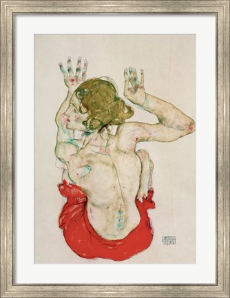 Framed Female Nude Seated On Red Drapery, 1914 Print