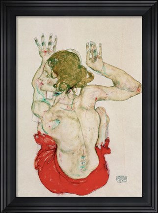 Framed Female Nude Seated On Red Drapery, 1914 Print