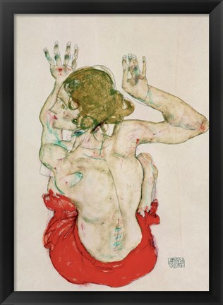 Framed Female Nude Seated On Red Drapery, 1914 Print