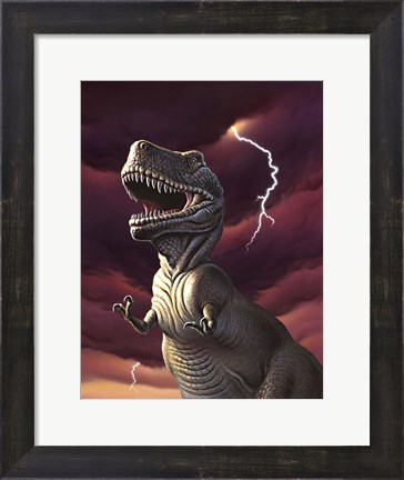 Framed Tyrannosaurus Rex in a Storm Print