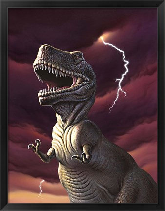 Framed Tyrannosaurus Rex in a Storm Print