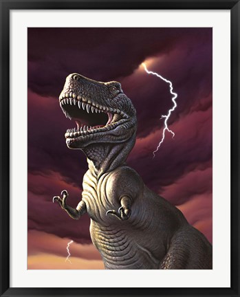 Framed Tyrannosaurus Rex in a Storm Print