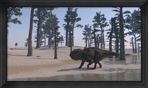 Framed Udanoceratops Walking Along Water Print