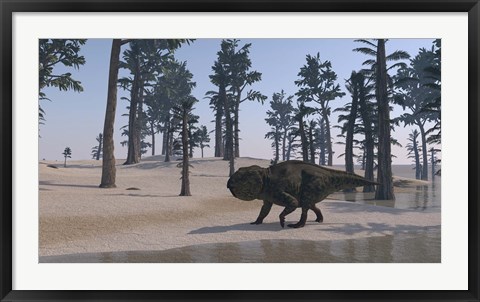 Framed Udanoceratops Walking Along Water Print