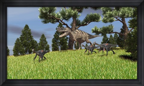 Framed Ceratosaurus Chasing Gigantoraptors Print