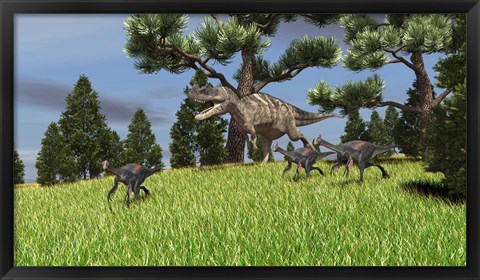 Framed Ceratosaurus Chasing Gigantoraptors Print