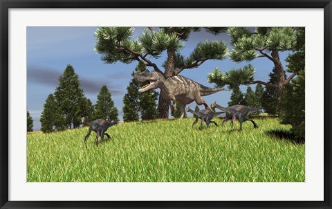 Framed Ceratosaurus Chasing Gigantoraptors Print