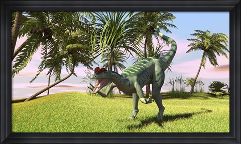 Framed Dilophosaurus Hunting in a Field Print