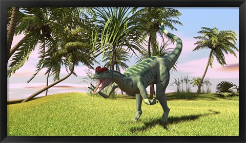 Framed Dilophosaurus Hunting in a Field Print