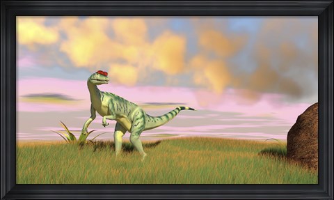 Framed Dilophosaurus Hunting in an Open Field Print