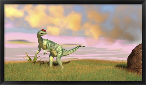 Framed Dilophosaurus Hunting in an Open Field Print