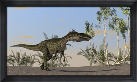 Framed Monolophosaurus Walking in Desert Print