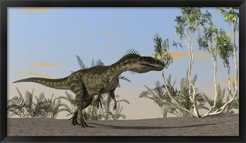Framed Monolophosaurus Walking in Desert Print