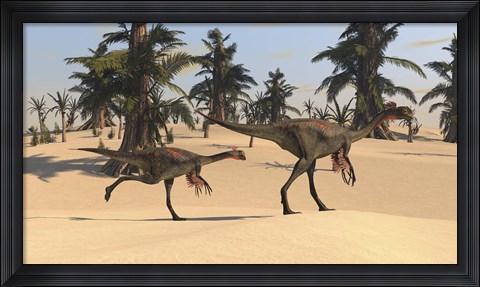 Framed Two Gigantoraptors in Desert Landscape Print