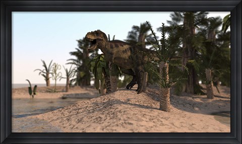 Framed Tyrannosaurus Rex Hunting in a Desert Environment Print