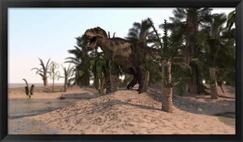 Framed Tyrannosaurus Rex Hunting in a Desert Environment Print