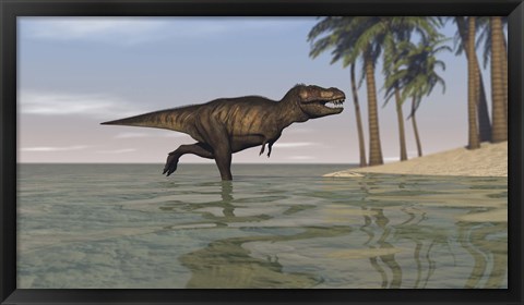 Framed Tyrannosaurus Rex Hunting in Water Print