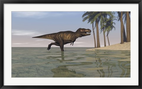 Framed Tyrannosaurus Rex Hunting in Water Print