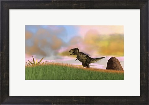 Framed Tyrannosaurus Rex in Grasslands Print