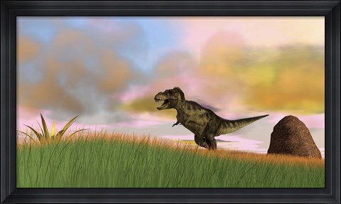 Framed Tyrannosaurus Rex in Grasslands Print
