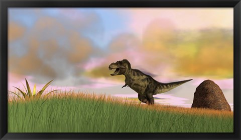 Framed Tyrannosaurus Rex in Grasslands Print