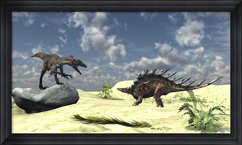 Framed Utahraptor and a Kentrosaurus Print