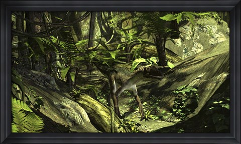 Framed Utahraptor in a Prehistoric Forest Print
