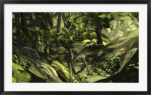 Framed Utahraptor in a Prehistoric Forest Print